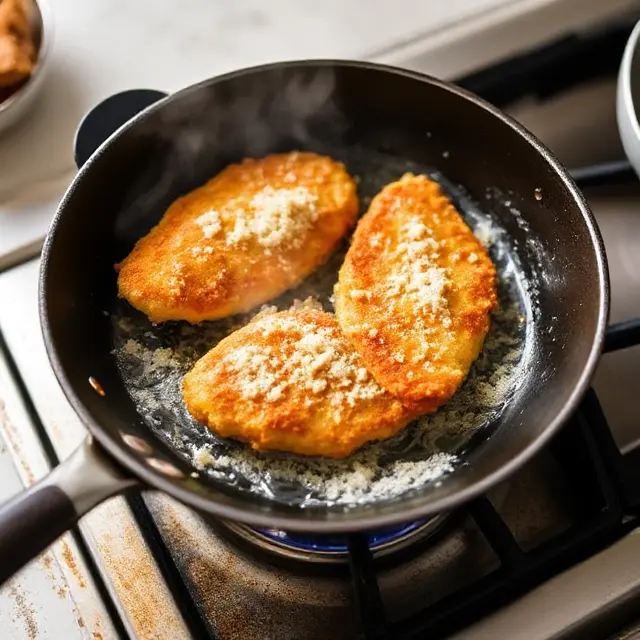 Golden Chicken Katsu being fried in a pan.