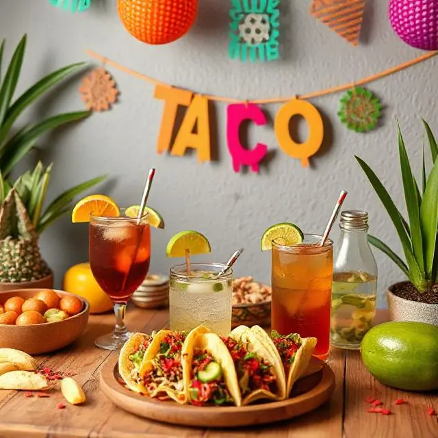 Taco night setup with drinks and decorations