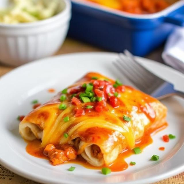 A plate of homemade enchiladas topped with melted cheese, fresh cilantro, and served with rice and beans.