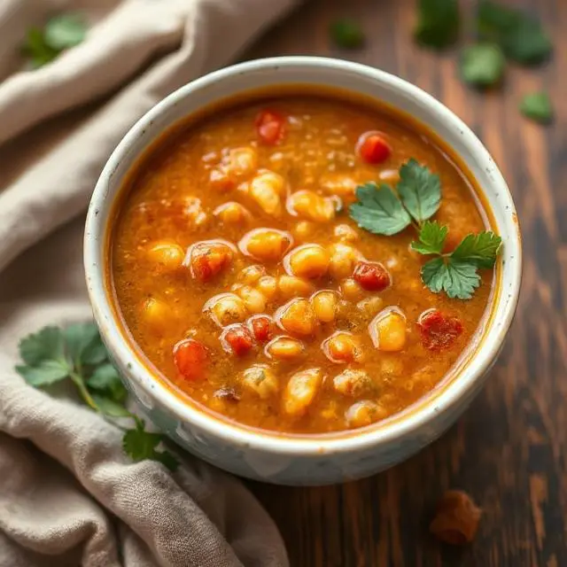 A bowl of hearty lentil soup with vegetables and herbs