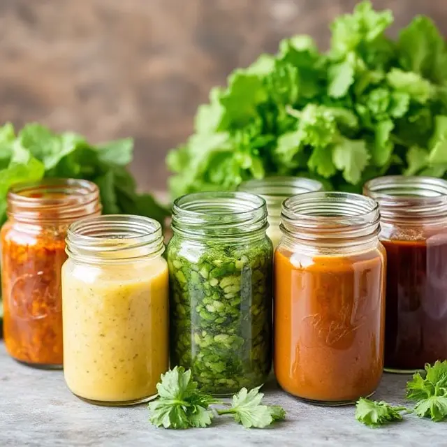 Different types of salad dressings in jars