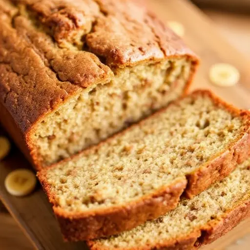 Freshly baked moist banana bread loaf sliced on a wooden cutting board with bananas in the background