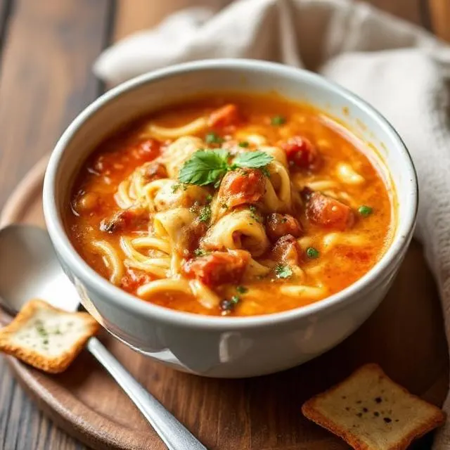 A hearty bowl of lasagna soup with melted cheese, pasta, and savory broth