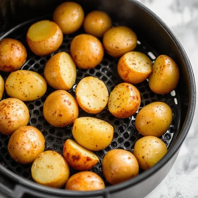 Potatoes cooking in an air fryer basket