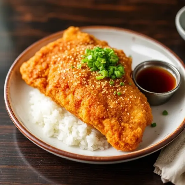 Golden, crispy chicken katsu served with white rice, fresh cabbage salad, and a drizzle of savory tonkatsu sauce.