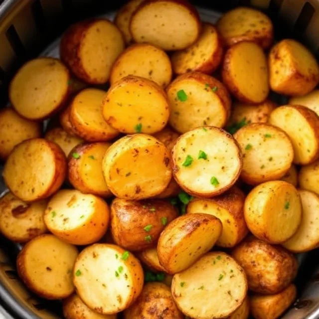 Crispy golden potatoes cooked in an air fryer served on a white plate