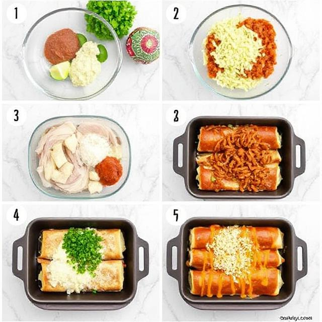 Step-by-step instructions for making enchiladas, showcasing the process of preparing and assembling the dish.