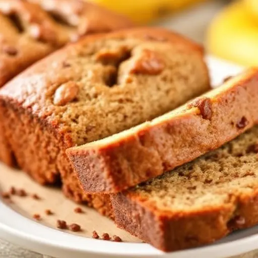 A slice of moist and delicious banana bread on a plate, showcasing its soft texture and golden-brown crust.