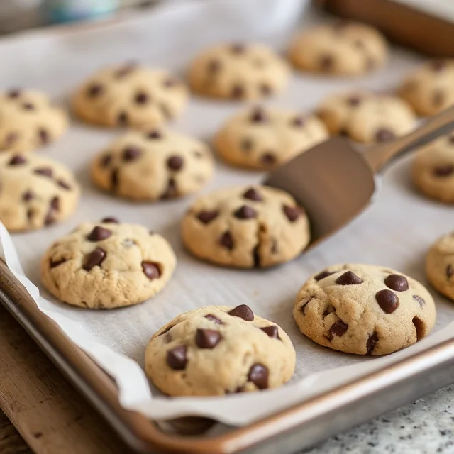 Freshly baked chocolate chip cookies on a baking sheet