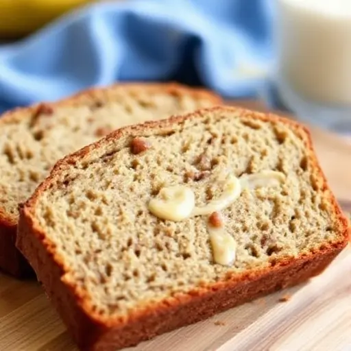 Golden brown banana bread loaf with moist texture and slices served on a wooden board