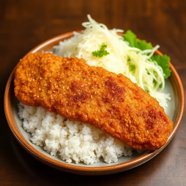 Crispy Chicken Katsu with rice and cabbage on a plate.