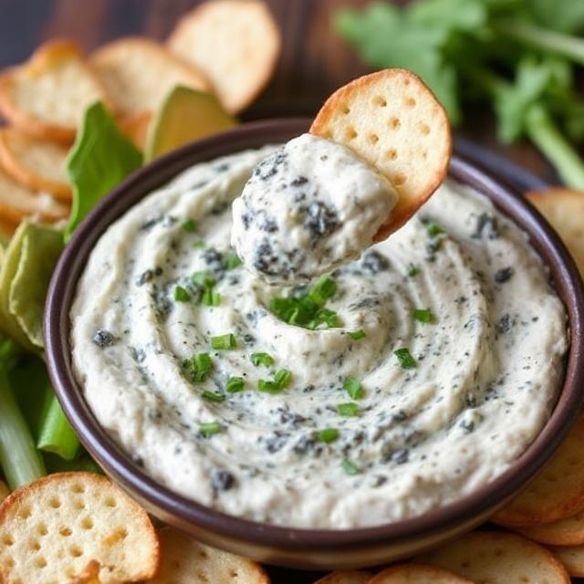 Bowl of creamy spinach artichoke dip served with crispy tortilla chips.