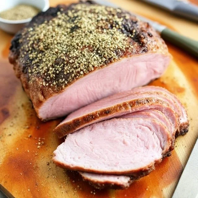 Seasoned chuck roast being sliced against the grain.