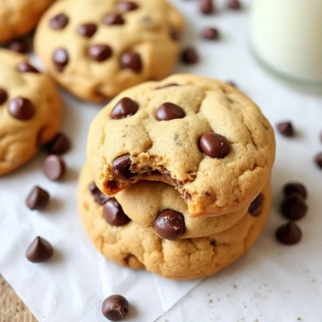 Freshly baked chocolate chip cookies stacked on a cooling rack