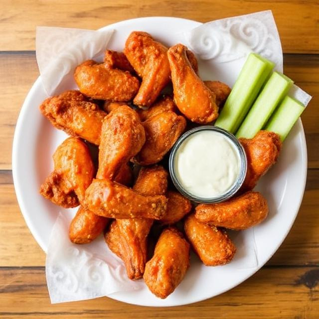 A person eating buffalo wings with hands, dipping into sauce