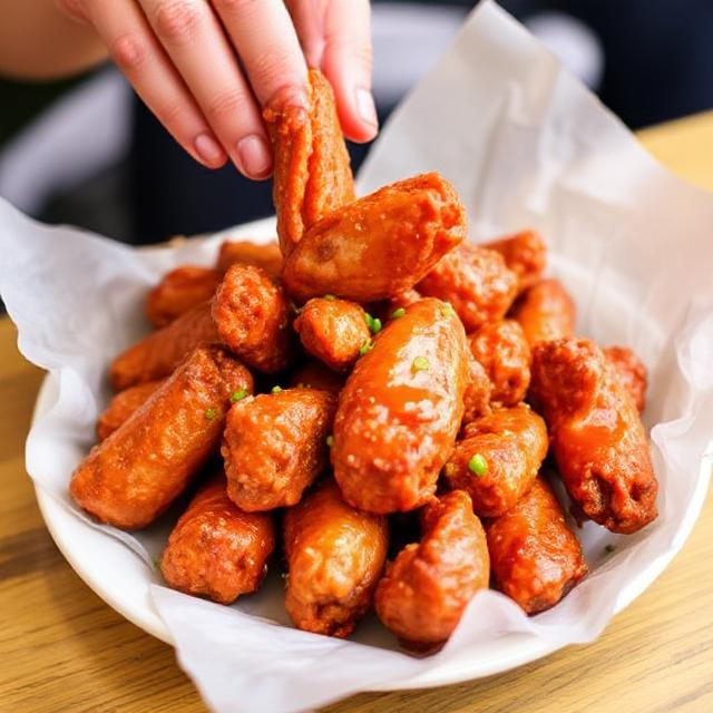 A plate of crispy, saucy buffalo wings with dipping sauce