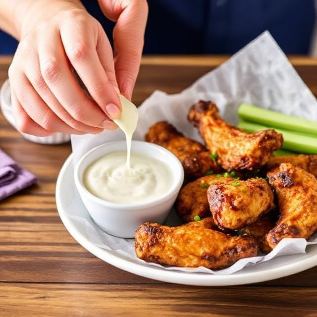 Crispy buffalo wings served on a plate with a side of dipping sauce