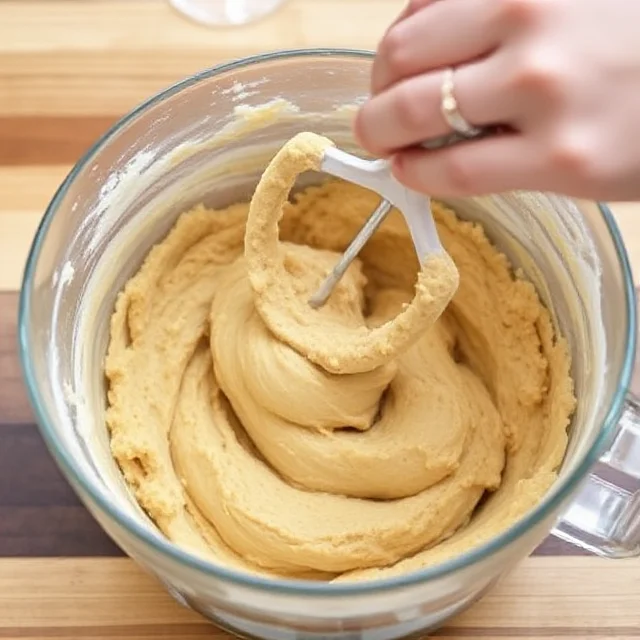 Chocolate chip cookie dough being mixed in a bowl