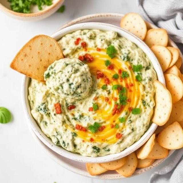 Spinach artichoke dip served with chips, pita bread, and fresh veggies