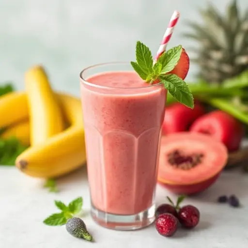 Glowing skin smoothie with fresh ingredients like avocado, berries, and spinach in a glass