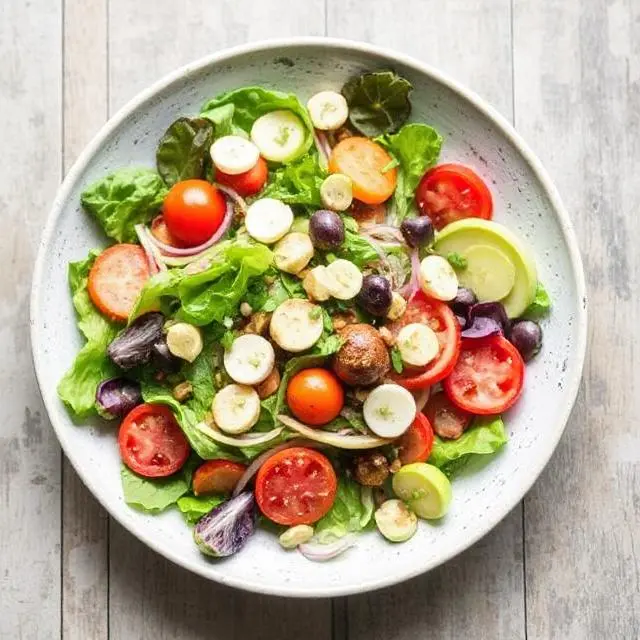 A colorful bowl of freshly made salad with a variety of vegetables, greens, and toppings.