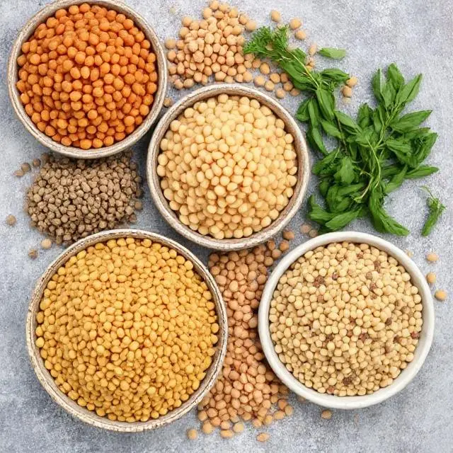 A variety of lentils including green, red, brown, and black