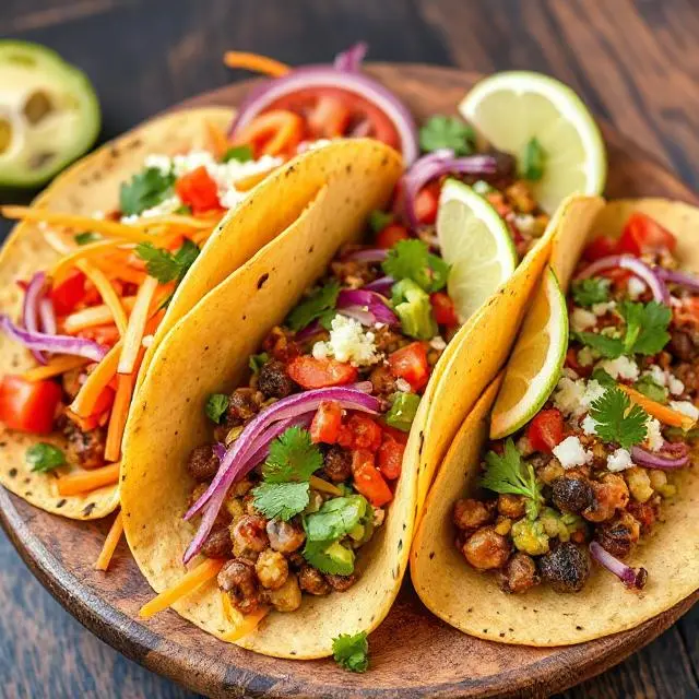 Colorful taco platter with toppings