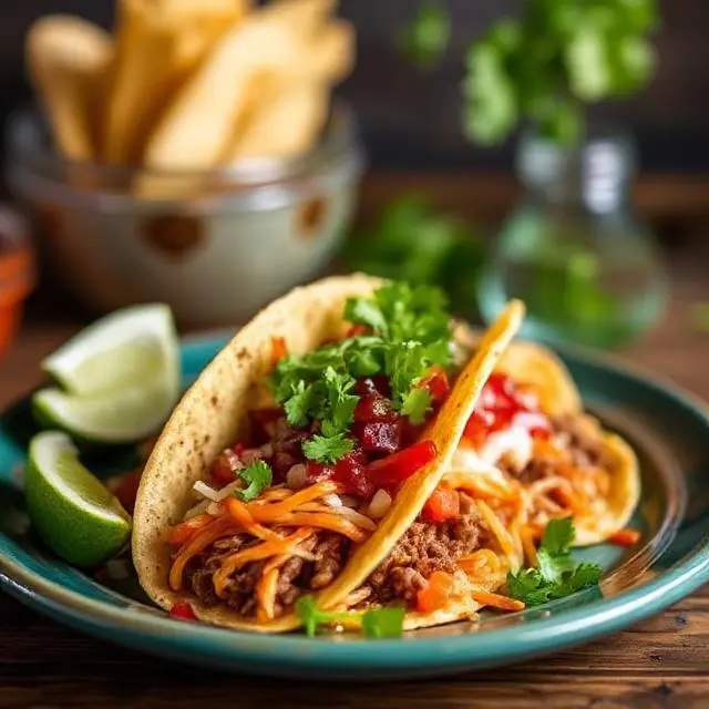 Colorful and vibrant Mexican food spread, including tacos, guacamole, salsa, and burritos.