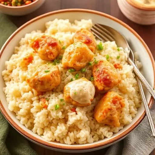 A delicious plate of chicken and rice garnished with fresh herbs, served in a cozy dining setting.