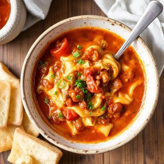 A bowl of lasagna soup served with garlic bread and a fresh green salad