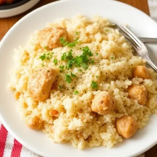 A delicious plate of chicken and rice garnished with fresh herbs, served in a cozy dining setting.