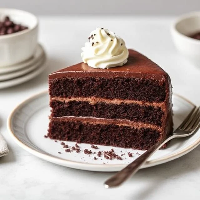 A rich and decadent chocolate cake with a glossy ganache topping, served on a plate.