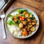 A vibrant and colorful vegetarian meal with fresh vegetables, grains, and plant-based ingredients at a local restaurant