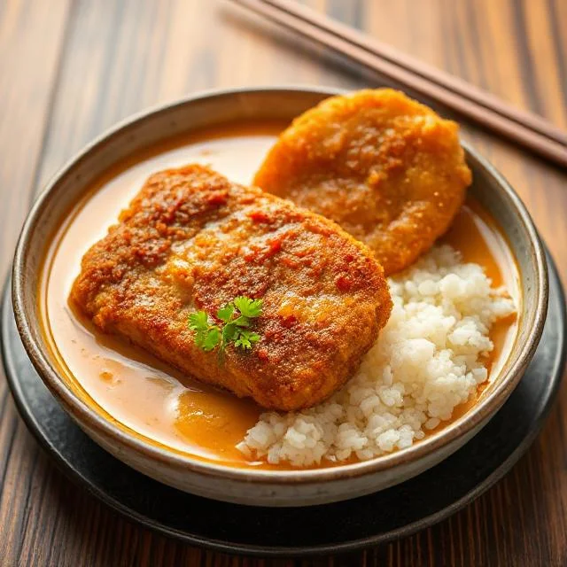 A plate of katsu curry with a crispy cutlet and rice Katsu curry with crispy cutlet.