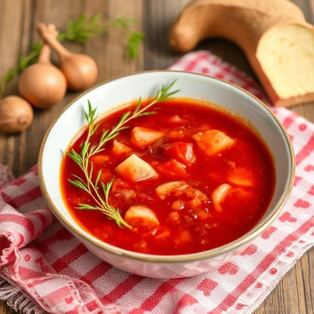 A vibrant bowl of borscht, topped with sour cream and fresh dill, showcasing the rich red color of this traditional Eastern European soup