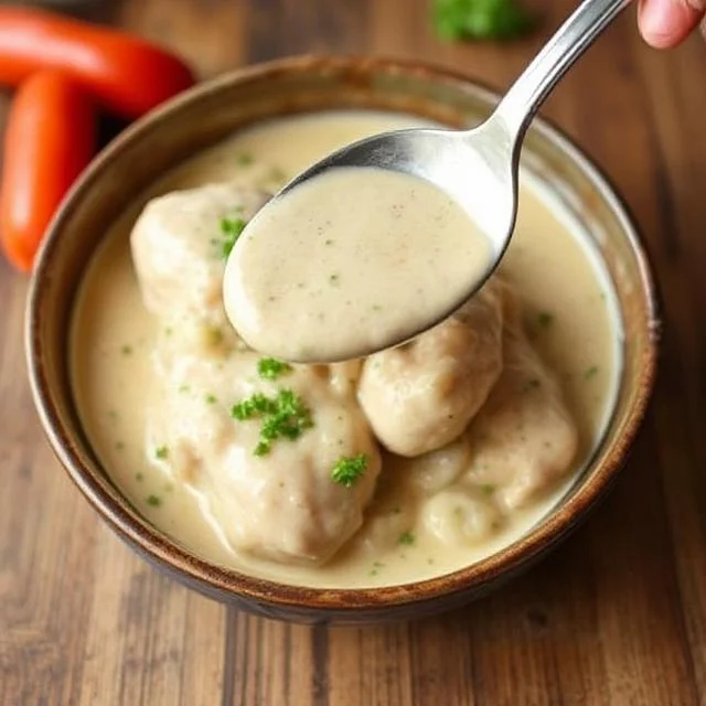 Creamy sauce simmering in a skillet for Chicken A La King Creamy sauce for Chicken in White Sauce