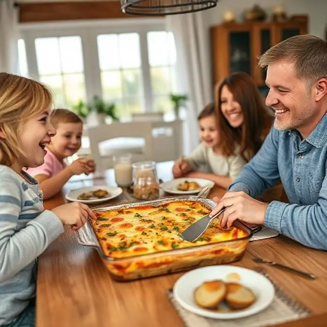 Family eating breakfast casserole together, smiling and enjoying the meal