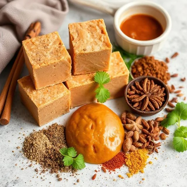 A close-up of Japanese curry roux blocks and spices Japanese curry roux blocks and spices