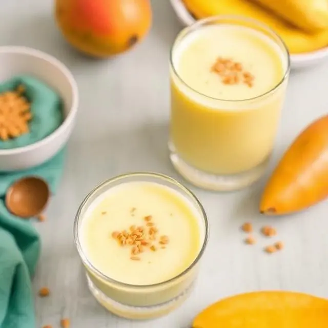 A refreshing glass of Mango Lassi with mango slices and a mint garnish