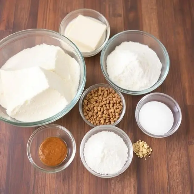 A collection of pancake ingredients including flour, milk, eggs, and butter arranged neatly on a wooden counter