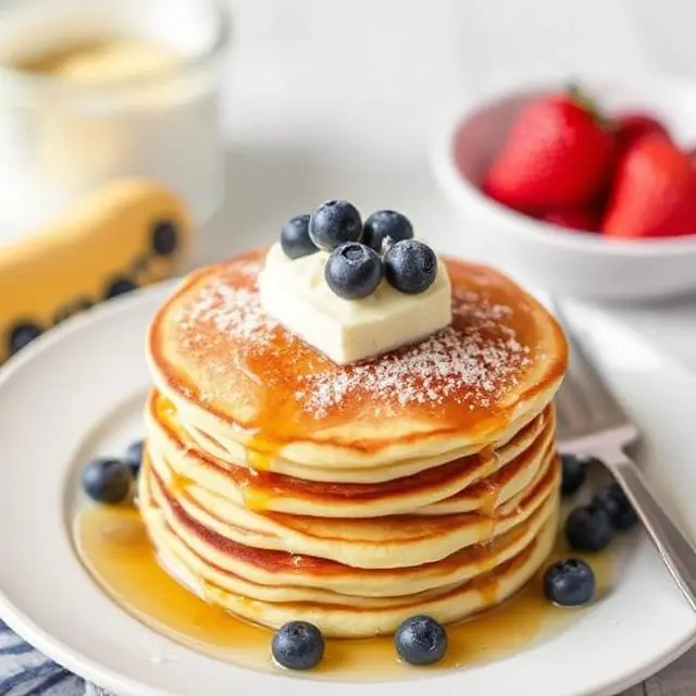 Fluffy pancakes stacked on a plate with syrup and butter