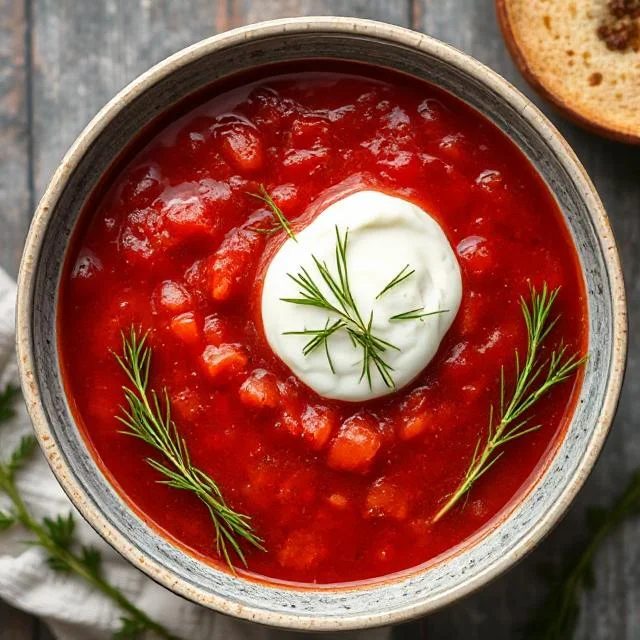 A steaming bowl of borscht with sour cream and dill, ready to enjoy.