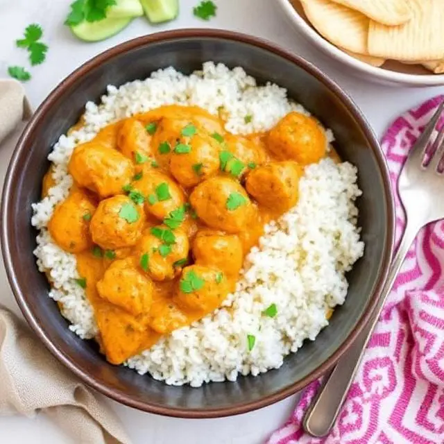 Butter chicken in a creamy, flavorful sauce served with rice.