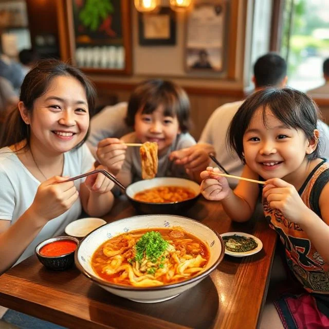 A cozy family enjoying Japanese curry at home Family enjoying Japanese curry.