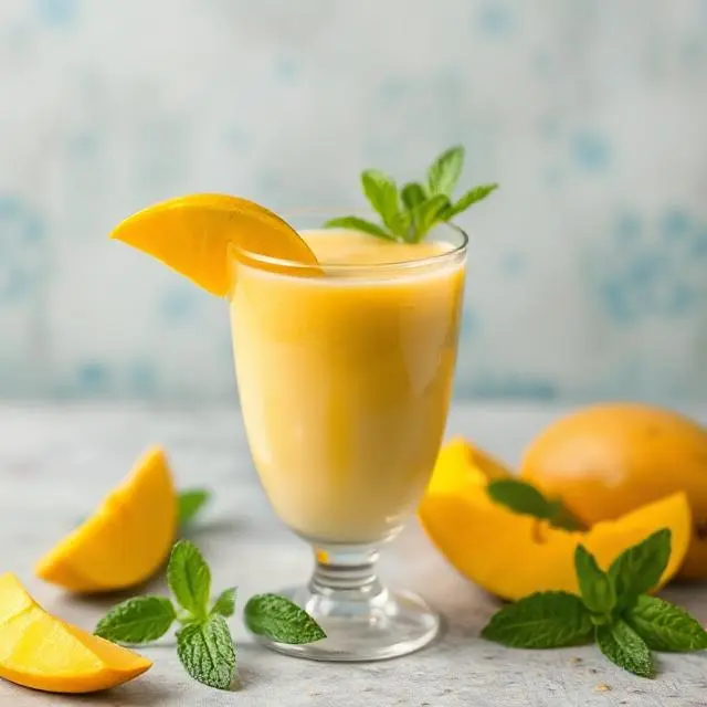 Refreshing Mango Lassi with fresh mango slices and mint