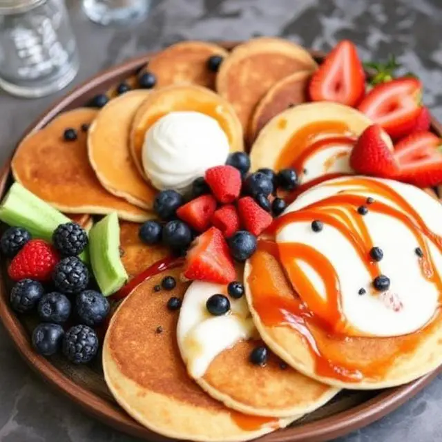 A platter showcasing different pancake variations including blueberry, chocolate chip, and banana nut