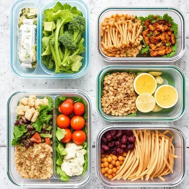 A selection of meal prep containers filled with nutritious and easy-to-make lunch ideas.