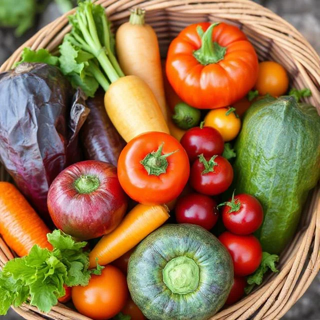 Fresh and colorful assortment of organic vegetables in a woven basket, showcasing vibrant colors and natural textures