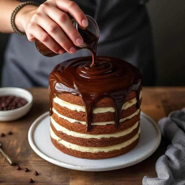 Pouring ganache on Swiss Chalet Cake