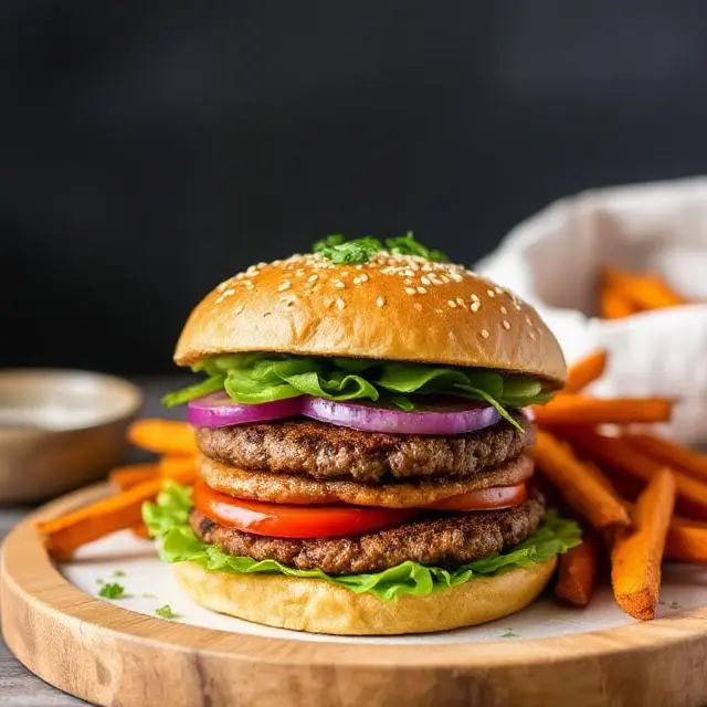 Savory plant-based burger served with crispy sweet potato fries on a stylish plate